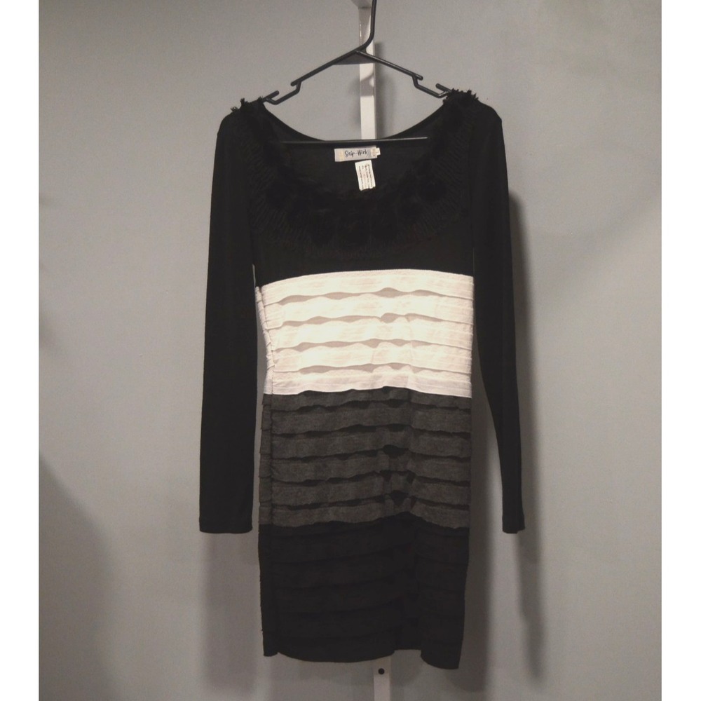 NWT Scrap Work Size L Dress Tiered Ruffle Colorblock w/Rosettes Boho-Chic